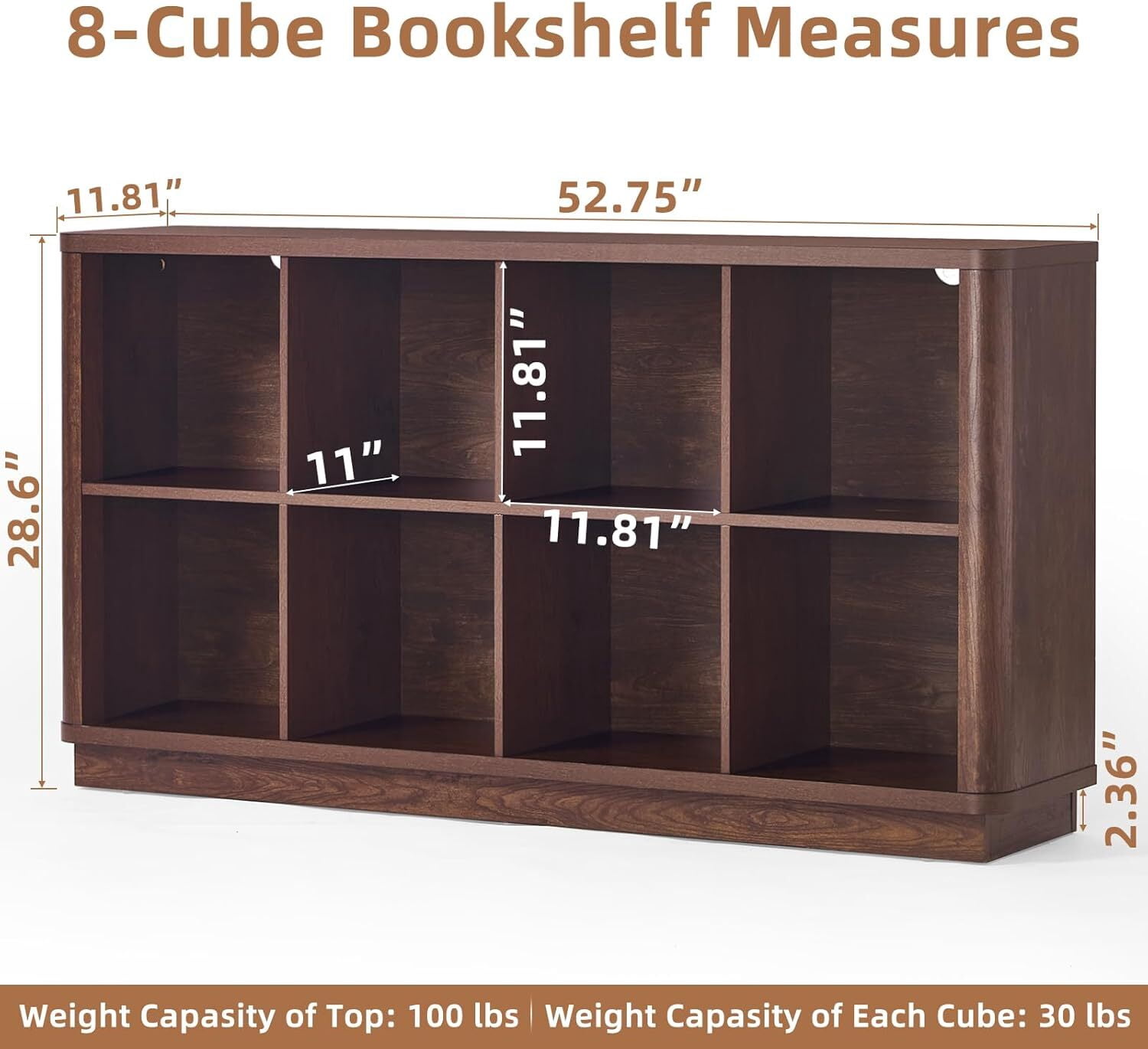 Joaxswe 52" Wood Horizontal 8-Cube Bookshelf, Farmhouse Long Bookcase, Low Wide Shelf for Under Window, Walnut, Office, Bedroom, Living Room