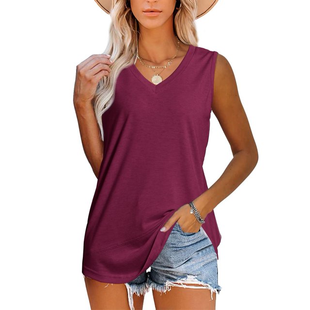 Camisetas sin mangas con cuello en V, chalecos casuales sin mangas con cuello en V, camisetas sin mangas cómodas de verano para mujer, camisetas sin mangas sólidas de rendimiento