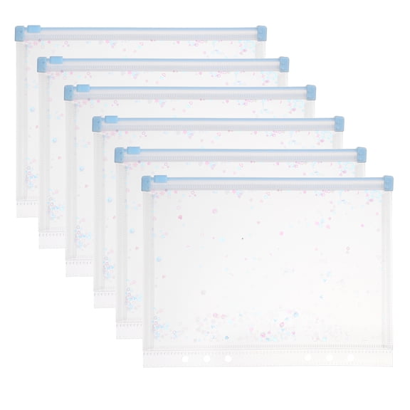 Uxcell 6Pcs A5 Plastic Binder Zipper, Binder Pockets 9 x 7" Clear Envelope Folders Planner Waterproof Pouch Filing with Sequin Decor for Document Notebook Card Organizer, Light Blue