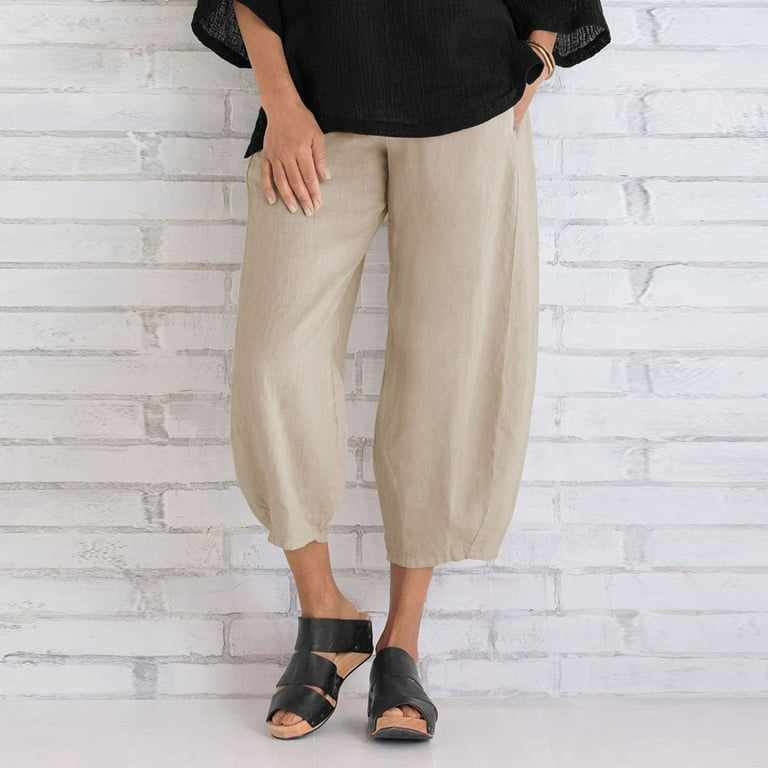 Czhjs Women's Solid Color Crop Pants Clearance Fashion Comfy Elastic Waist 2023 Summer Trousers Capris Light Weight Fit Baggy Slacks Wide Leg Beach