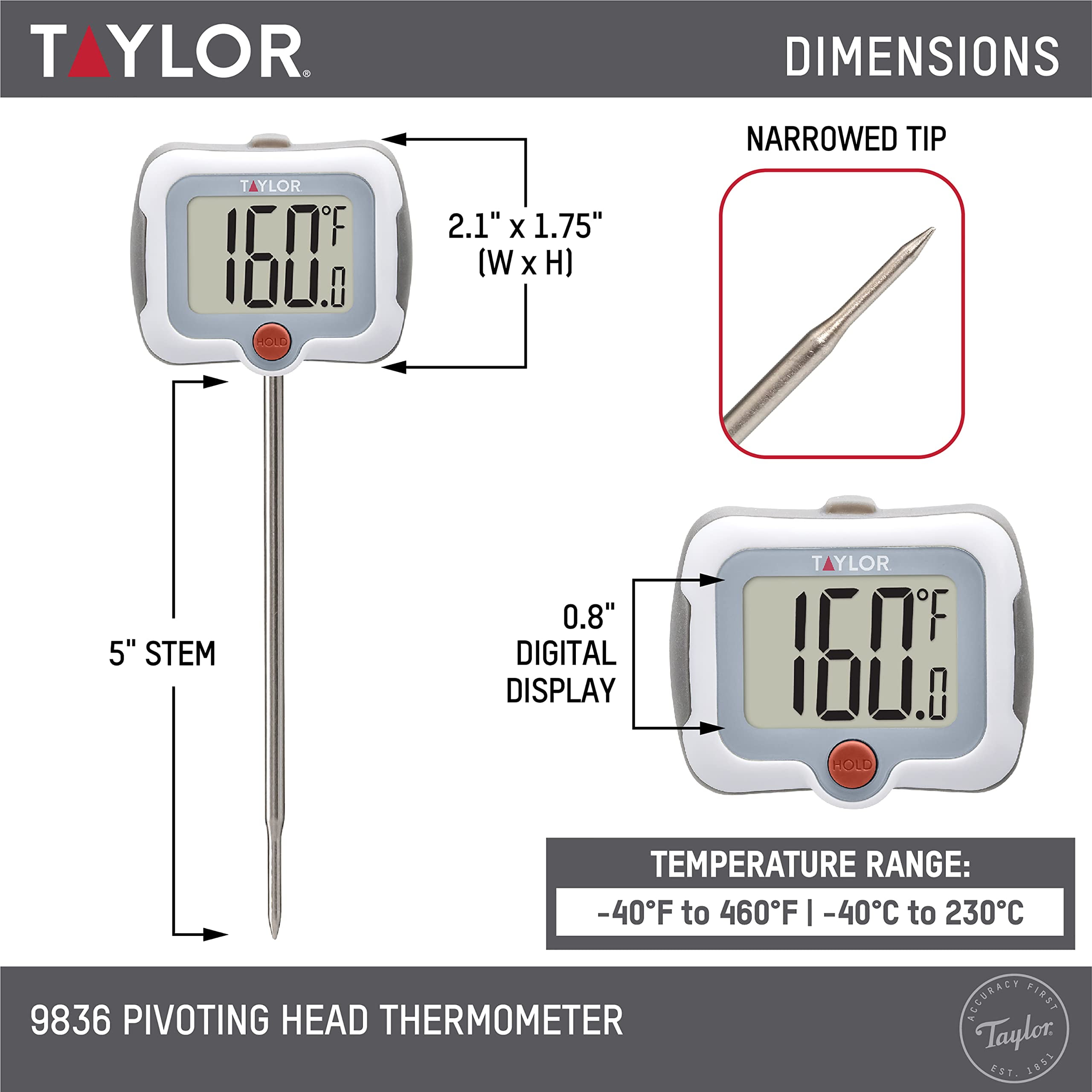 Taylor Pivoting Head Instant Read Digital Meat Food Grill BBQ Cooking Kitchen Thermometer with Protective Sleeve, Gray J101