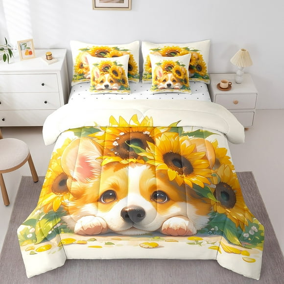 Corgi Dog Queen Comforter Set 7-Piece Lovely Pug Pet Toddler Bedding Sets,Yellow Sunflower Bed in a Bag Girly Floral Bedding Comforter Sets Plant Botanical Bed Set Kids Boys Girls Bedroom Decor
