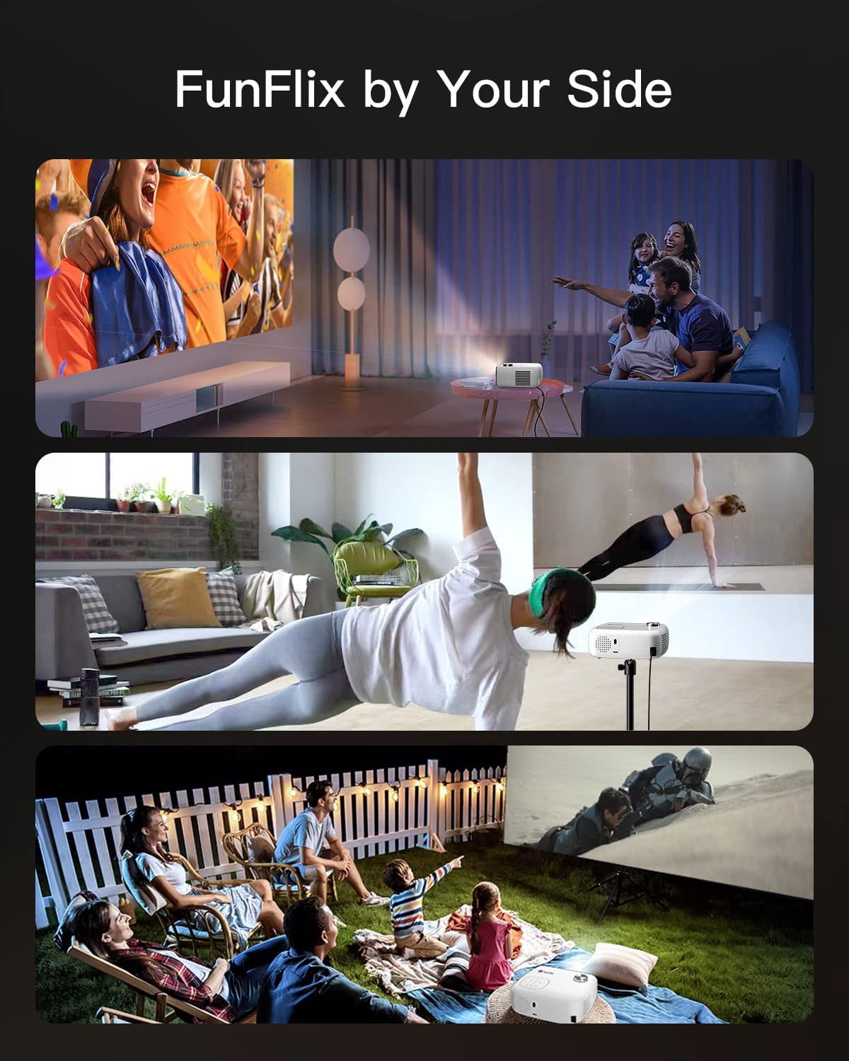 FunFlix 1080P Portable Projector 9500L HD Mini Projector with 5G WiFi and Bluetooth 360° Speaker 200" Display