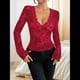 thumbnail image 5 of Blusa de Larga con Cuello Redondo y Encaje de con Bordado Floral para Mujer Rojo S, 5 of 7
