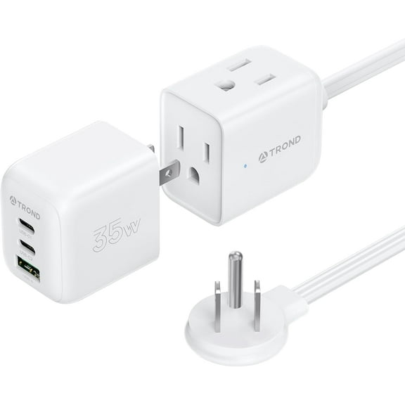 TROND Travel Power Strip Flat Plug, Detachable 3-Port GaN III USB C Charger PD35W, 5ft Flat Extension Cord with Multiple Outlets, for Home Hotel Cruise Ship Dorm Room Essentials, White