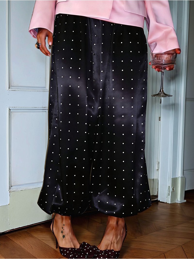 Women's Polka Dot Elastic Waist Cuffed Lantern Casual Pants Black S ...