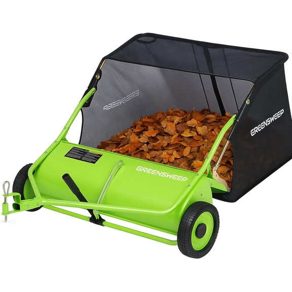 GreenSweep Pickup Tow 42-Inch 10.5 Cubic Feet Tow-Behind Lawn Sweeper with Adjustable Brush Height, Large Grass Catcher Hopper