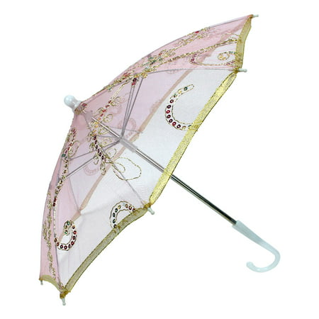 Unique Bargains Plastic Handle Floral Pattern Sequin Decor Pink  Lace Parasol Umbrella