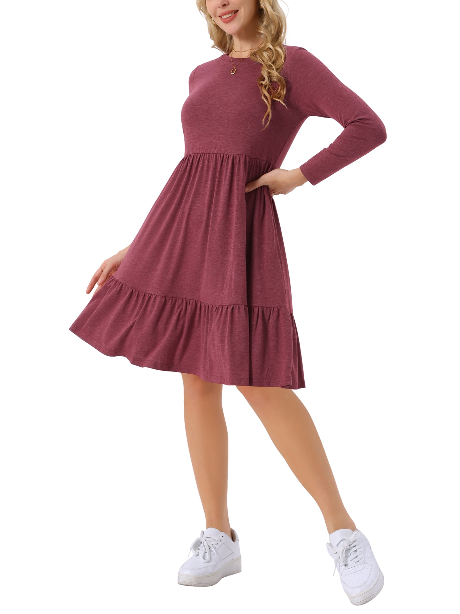 DARING DIVA Casual Long Sleeve Tiered A-Line Swing Dress XL Wine Red