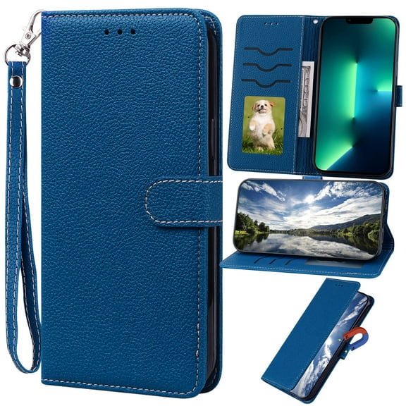 for Samsung Galaxy S21 FE Case Wallet, with Card Holder, Luxury PU Leather, Wristband Lanyard Magnetic Case Cover for Women and Men for Galaxy S21 FE Flip Folio Credit Cover - Darkblue