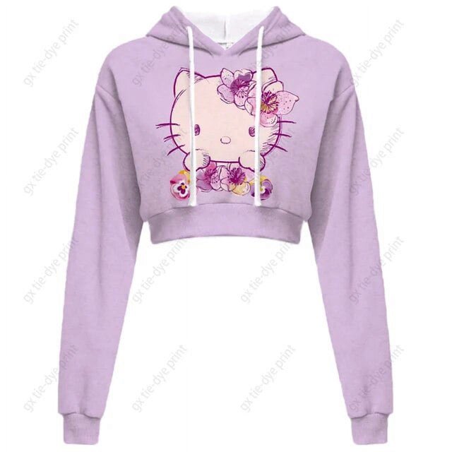 Chandail à Capuchon Imprimé Hello Kitty pour Femmes, Hauts Courts Kawaii Imprimés Harajuku, Sweat Court à Col Rond pour Femmes Harajuku
