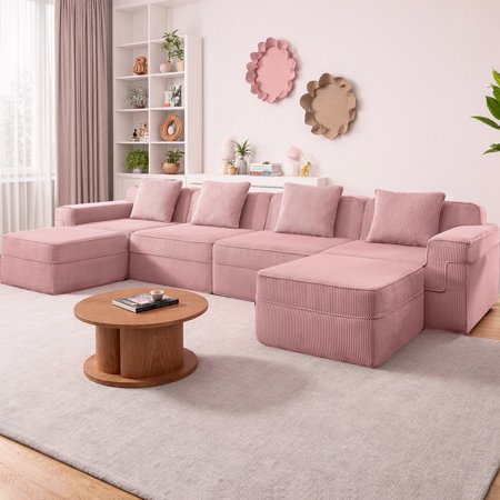 Modular 4-Seat U-Shaped Sectional Boneless Sofa, Cloud Couch with Deep Seating & 2 Movable Ottomans, Modern Corduroy Fabric Sectional with Throw Pillows for Living Room