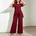 thumbnail image 2 of Morttic Women's Elegant Chiffon Solid Color 2 Piece Set – Slit Short Sleeve Top & Wide Leg Pants Daily Home & Lounge Outfit Wine Red，, 2 of 6