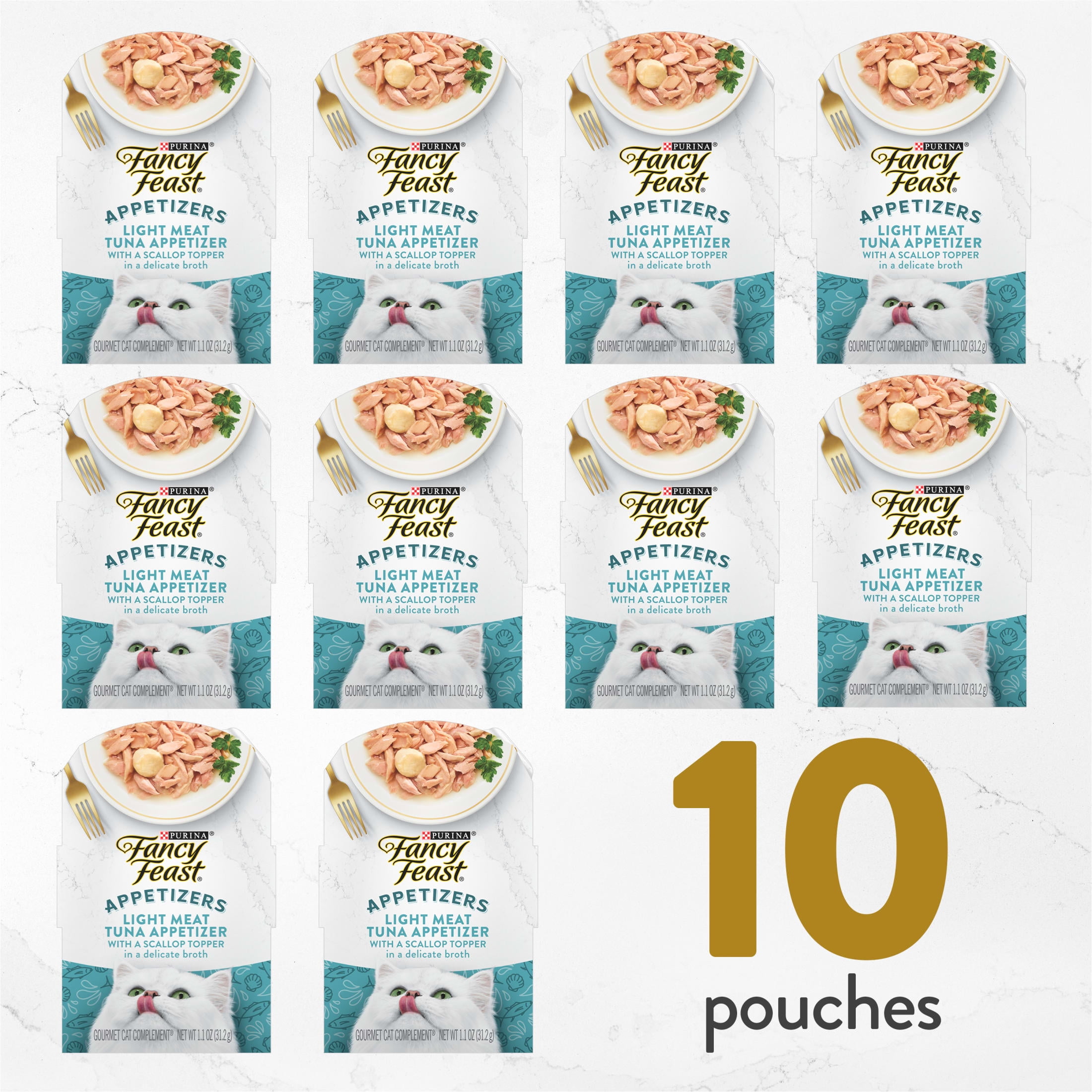 Purina Fancy Feast Appetizers Wet Cat Food, Tuna & Scallop in Broth, 1.1 oz Trays (10 Pack)