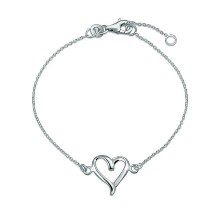 Station Chain Link Open Ribbon Charm Heart Bracelet For Teen For Women For Girlfriend 925 Sterling Silver
