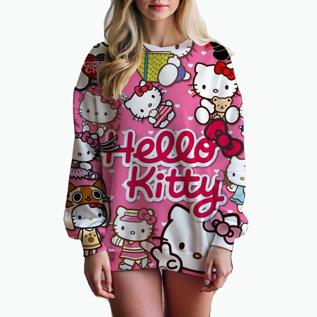 Sudadera con estampado de Hello Kitty para mujer, sudadera con capucha para mujer de High Street, ropa con estampado Y2K, suéter informal de cuello redondo
