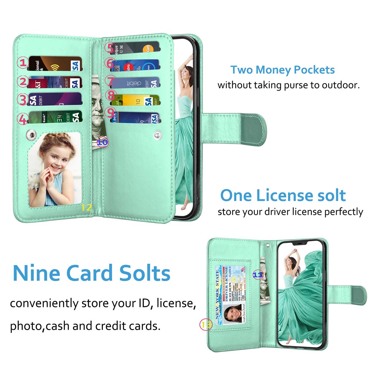 iPhone 12 Mini Case, Wallet Case iPhone 12, iPhone 12 Mini PU Leather Case, Njjex PU Leather Magnet Stand Wallet Credit Card Holder Flip Case 9 Card Slots Case for Apple iPhone 12 Mini 5.4" 2020 -Mint - image 2 of 6