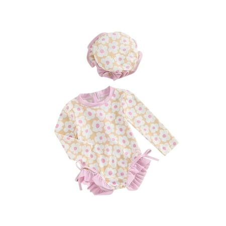 

Bmnmsl Toddler Girl Long Sleeve Floral/Pattern Print Romper Swimwear with Hat