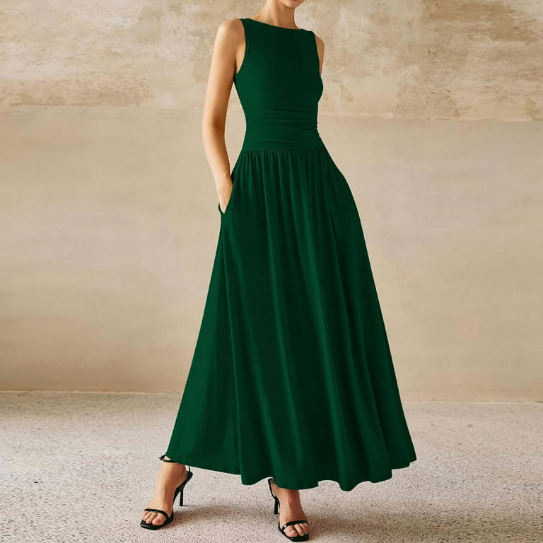Rciityk Summer Dresses for Women Spring Sleeveless Wedding Guest Maxi Dress Solid Color Round Neck Pleated Elastic Waist Long Dress, Green L - Walmart.com Rciityk Summer Dresses for Women Spring Sleeveless Wedding Guest Maxi Dress Solid Color Round Neck Pleated Elastic Waist Long Dress, Green L - Walmart.com