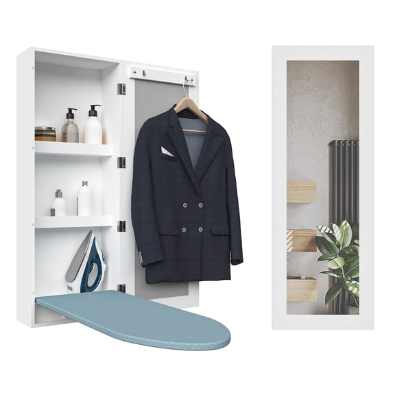 Facilehome Wall Mounted Ironing Board Cabinet with Mirror Door, Foldable Metal Board and Storage Shelves, White