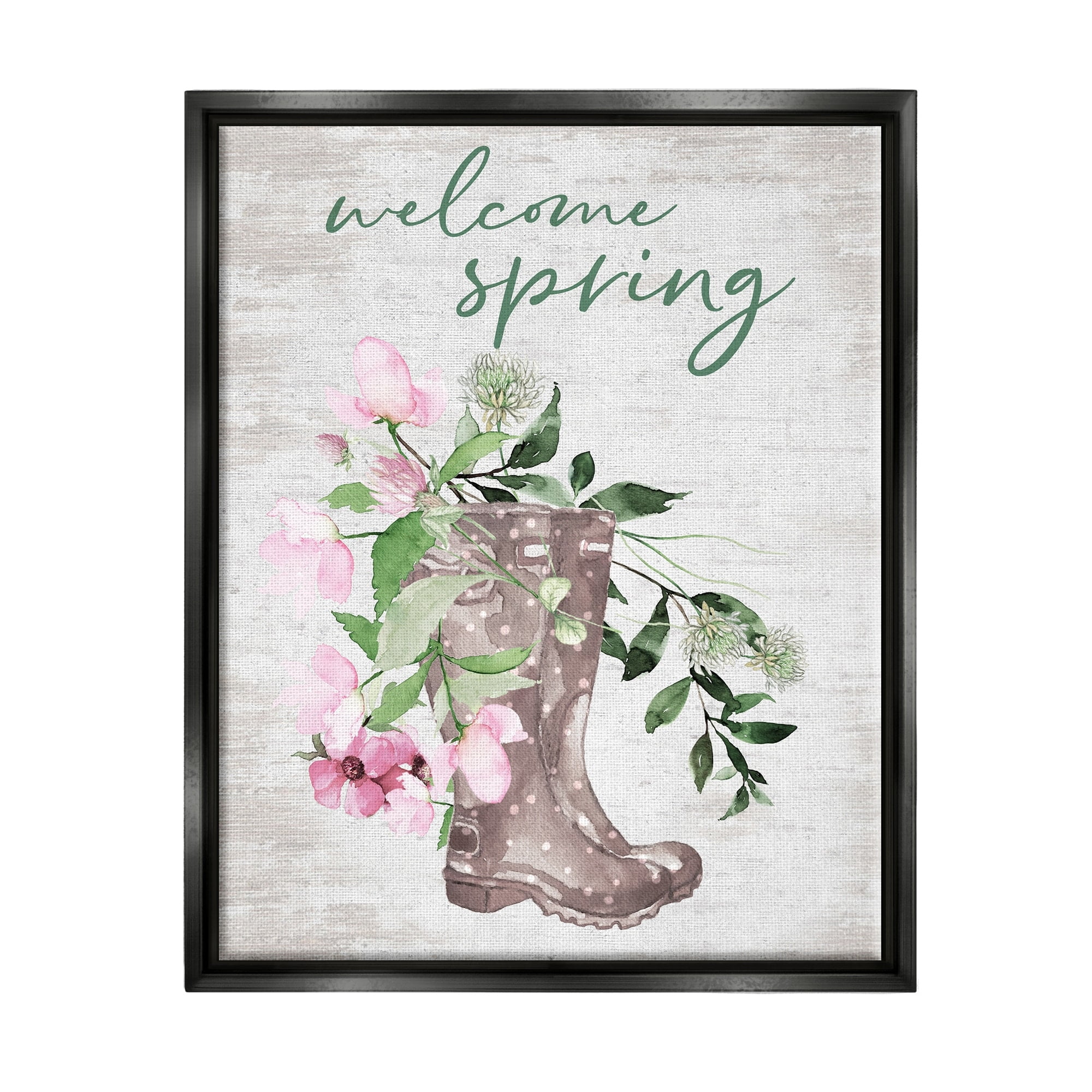 Welcome Spring Seasonal Rain Boots Flower Arrangement Black Floating Frame Canvas Art, 25 x 31, Made In USA
