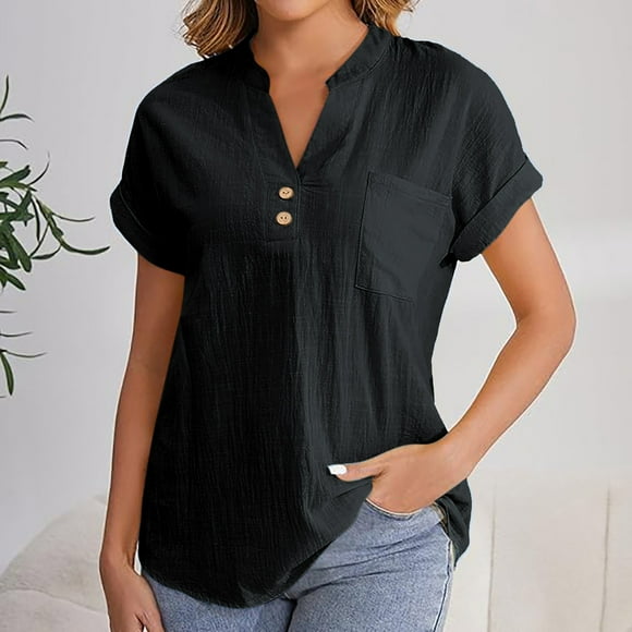 Babysbule Women's Casual V-Neck Short Sleeve Blouse Soft Breathable Loose Fit Cotton Linen Shirt With Pockets