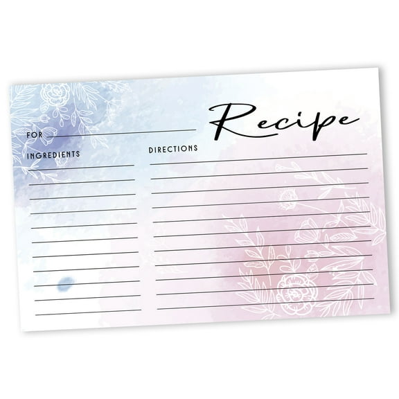 Inkdotpot Recipe Card 6x4 inch Single-Sided Recipe Design Cards Water Color Floral Recipe Cards Wedding-Bridal Shower-Baby Shower- Pack of 50