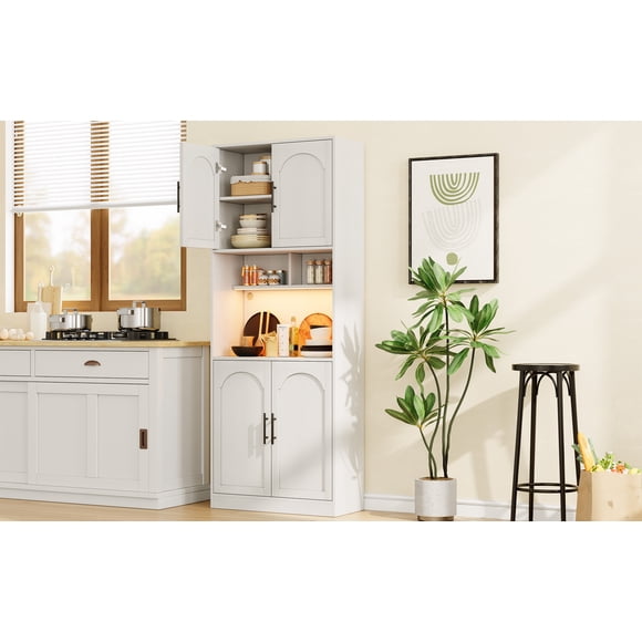 71" Tall Kitchen Pantry Storage Cabinet with Adjustable Shelves, Microwave Shelf & RGB LED – Barn Doors – Freestanding Hutch for Dining, Living Room, Bathroom, Coffee Bar – White