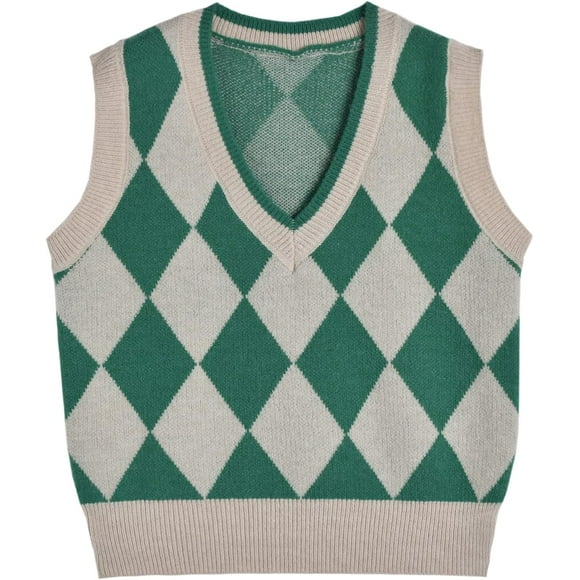 pels Argyle Sweater Vest Women y2k Plaid Knitted Streetwear Preppy Style V Neck Crop Knitwear School Tank Top for Girl Green,Khaki Medium