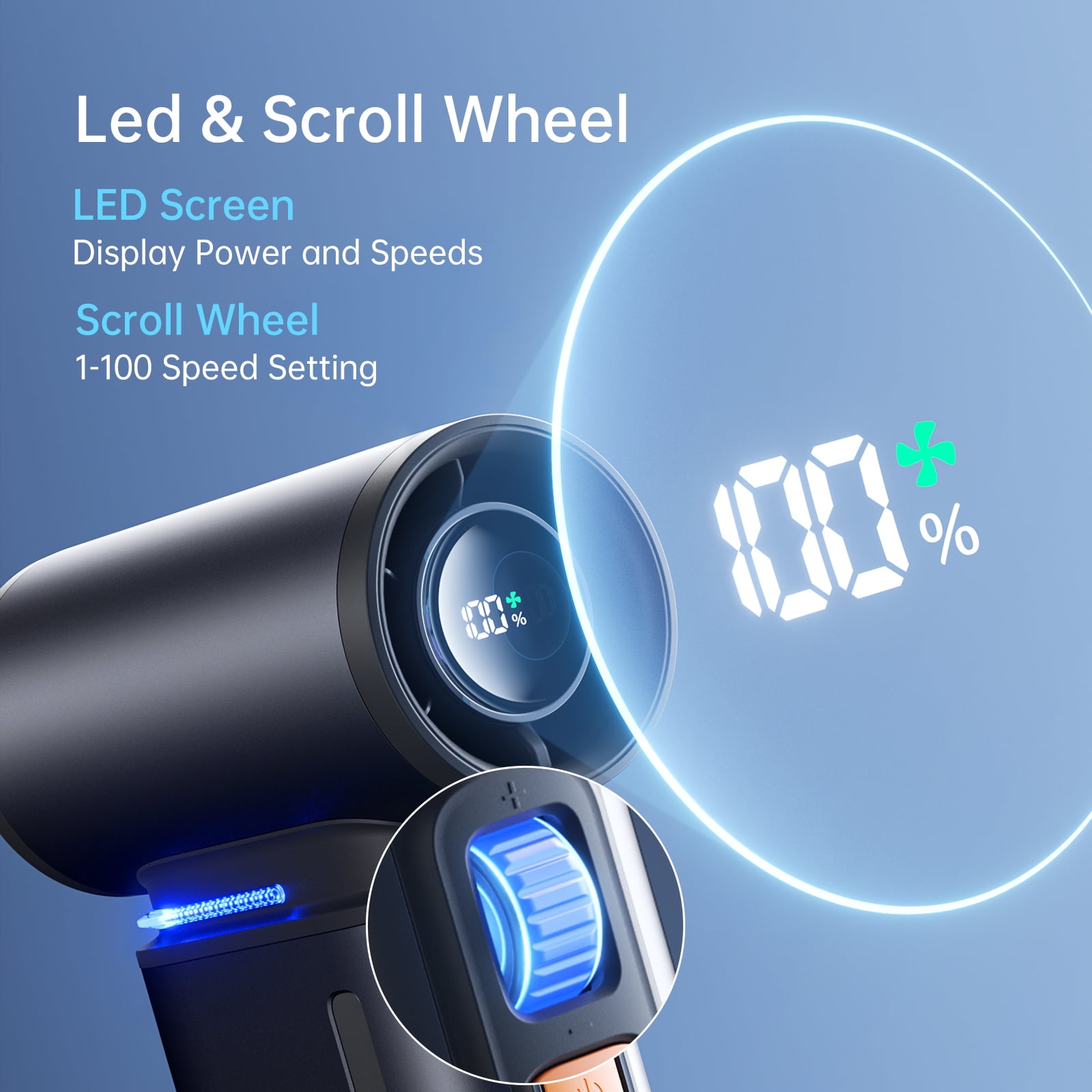 JISULIFE Portable Turbo Fan - 100-Speed Adjustable, 9000mAh Rechargeable, LED Display, Metal Shell with Accessories