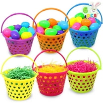 Joyfy 6 pcs 8" Easter Egg Baskets for Kids with Handle and 55g Tricolors Easter Grass for Party Favors Basket Fillers Stuffers, Easter Eggs Hunt
