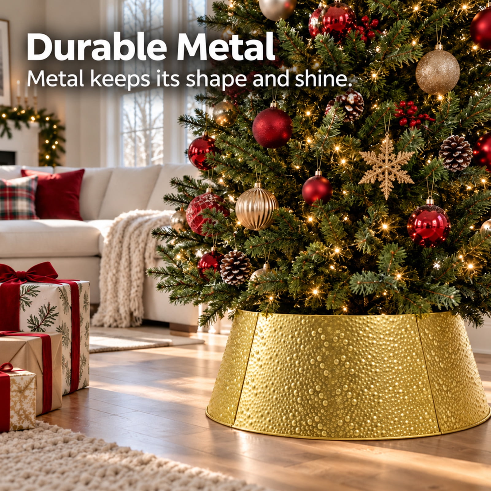 Alvantor Metal Christmas Tree Collar, Waterproof Cover, Gold, 26.57 x 22.05 x 9.45 In