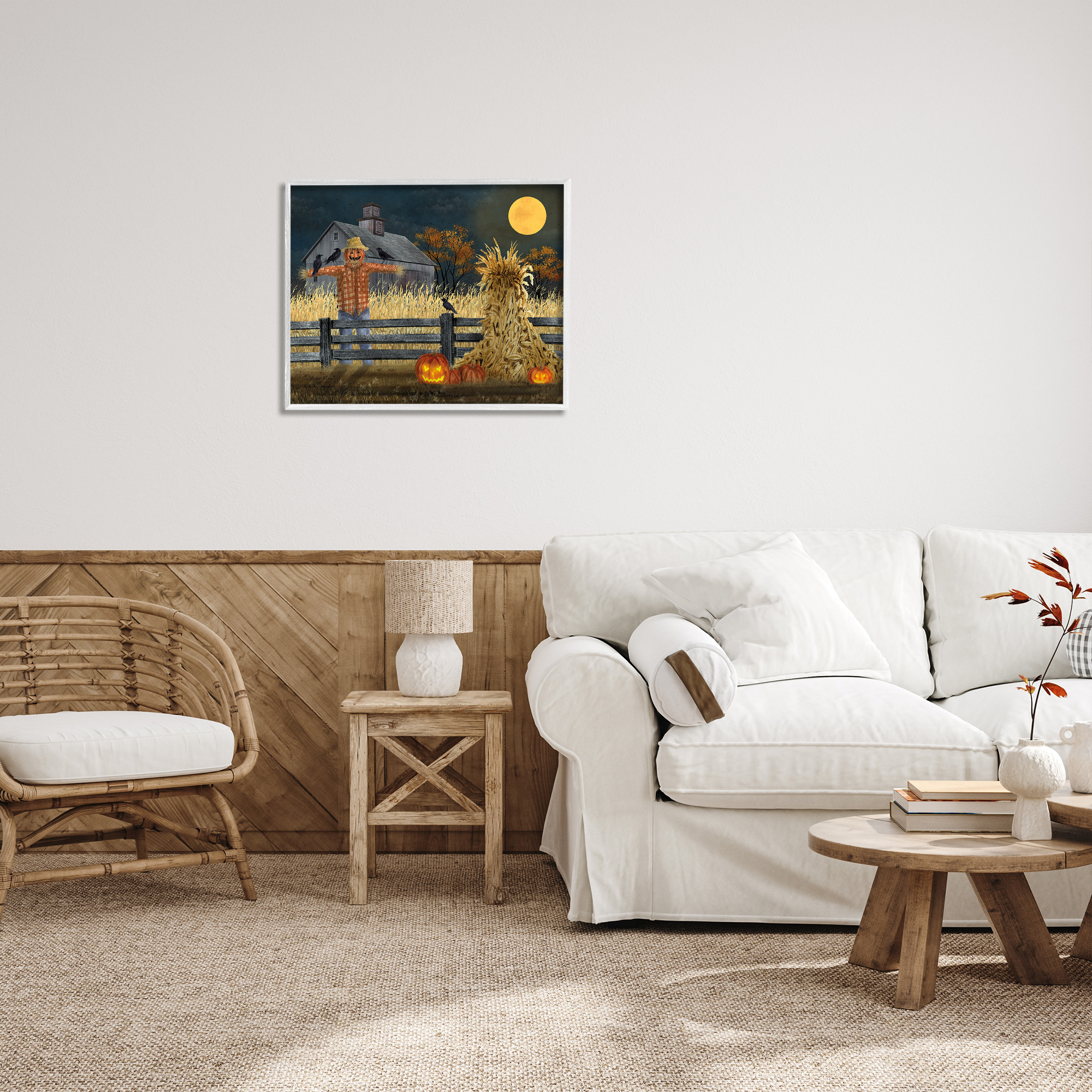 Stupell Industries Scarecrow Farm Landscape Holiday Painting White Framed Art Print Wall Art, 30 x 24