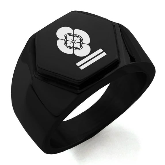 Stainless Steel Mikumo Samurai Crest Engraved Hexagon Crest Flat Top Biker Style Polished Ring