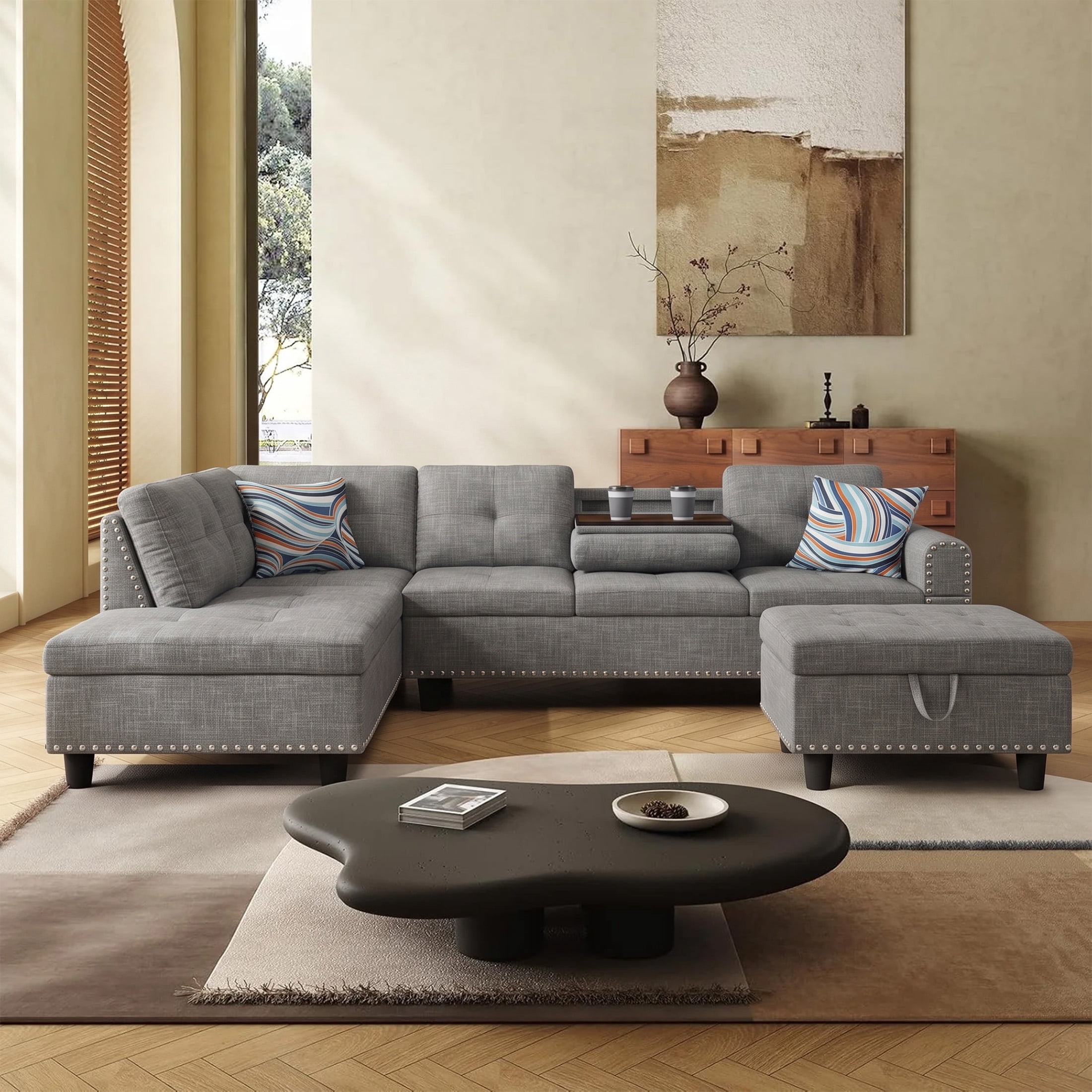 AENKYO 98" L-Shaped Sectional Sofa with Reversible Chaise, Storage Ottoman & Cup Holders, Linen, Gray