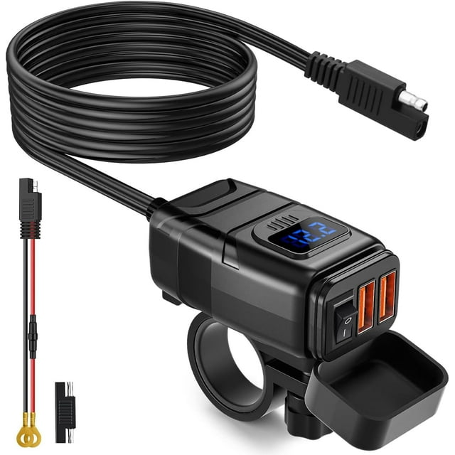 GFDYREE Motorcycle USB Charger, 6.8A Quick Charge 3.0 Dual USB Motorcycle Phone Charger with Voltmeter & ON/Off Switch, Waterproof Quick Disconnect SAE to USB Adapter for Phone, Tablet, GPS