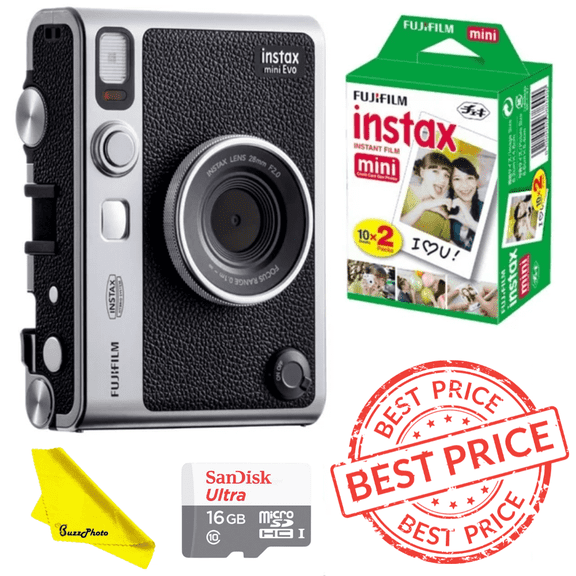 Fujifilm Instax Mini EVO Hybrid Black Instant Camera - Pixi Bundle | Instax Mini Twin Pack Instant Film | 16GB microSD Card with Adapter