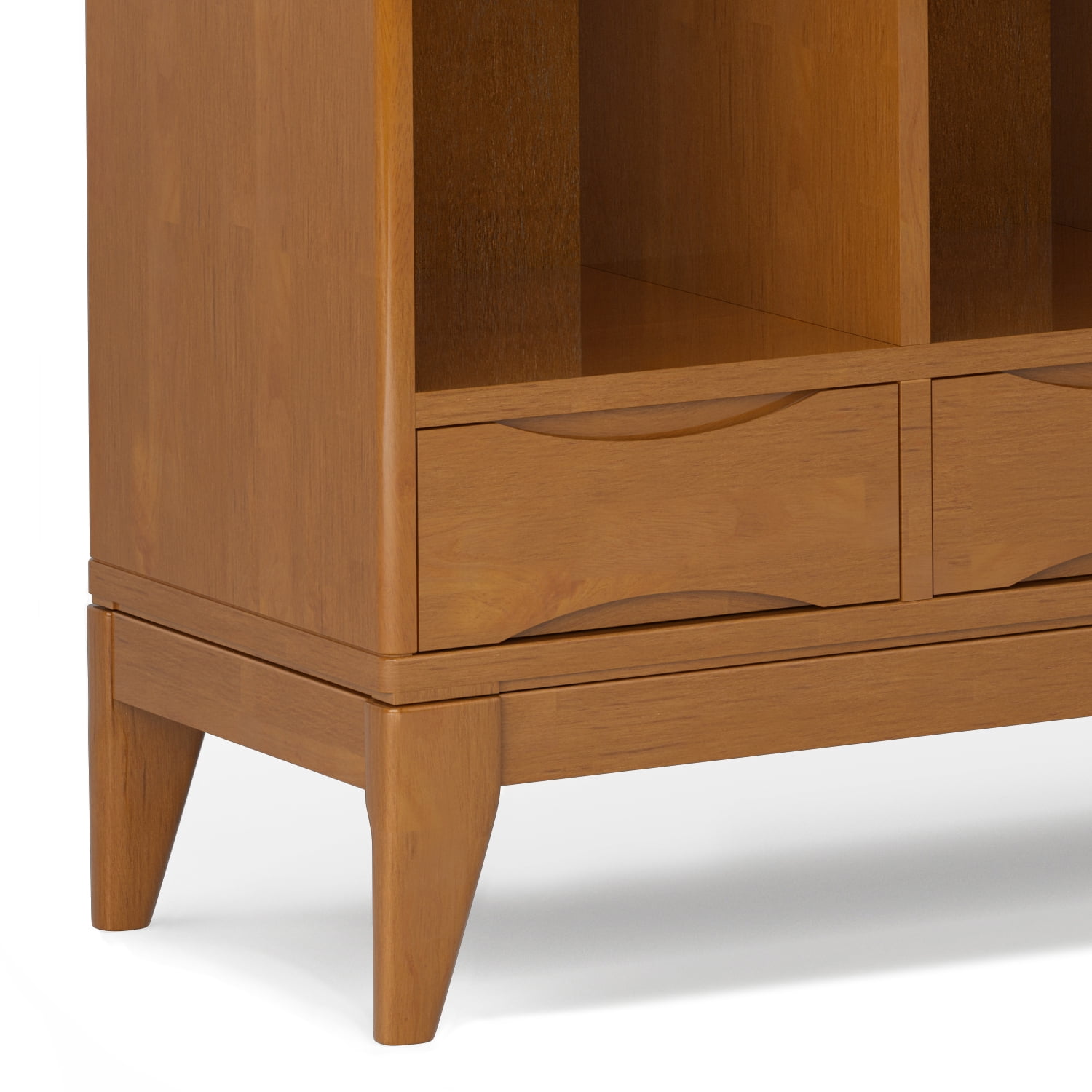 Simpli Home Harper SOLID HARDWOOD 58 inch x 42 inch Mid Century Modern Cube Storage Bookcase with Drawers in Teak Brown
