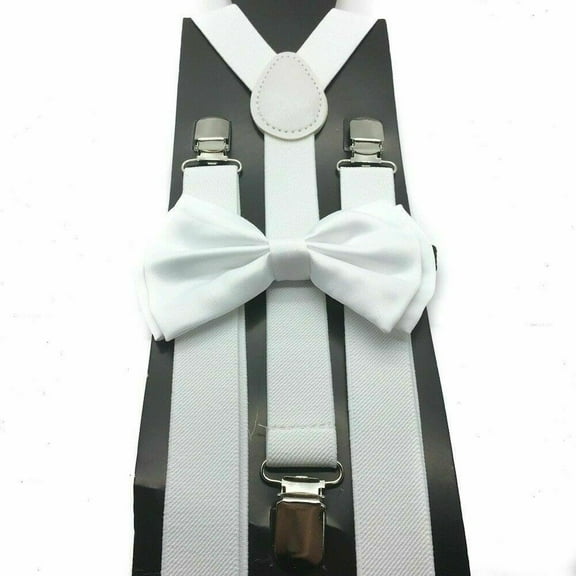 Adult WHITE Wedding Suspender and Bow Tie Set Adjustable Wedding Prom - New with box/tags