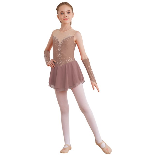 Nyeemya Robe de Patinage Artistique pour Filles Sans Manches Justaucorps Patinage Robe de Danse avec Gants Rose Poussiéreux 10