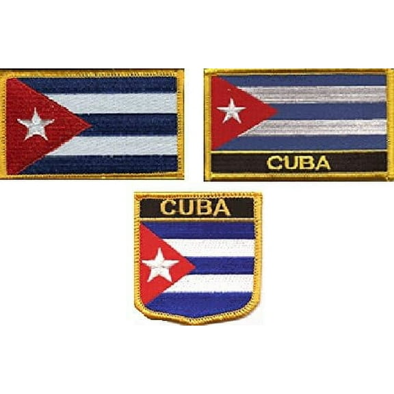 3 Pack Set Of Cuba Flag Patches, Contains Patch With Name, Without Name And A Shield Patch, Cuban Embroidered Iron On Or Sew On Flag Patch Emblems