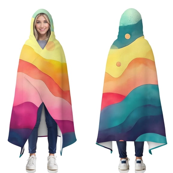 Wearable Blanket,Colorful Tie Dye Wave Pattern Hooded Wearable Flannel Blanket for Adults & Teens,Winter Poncho Shawl Wrap Cape Cozy Anti-Pill,50"x60"