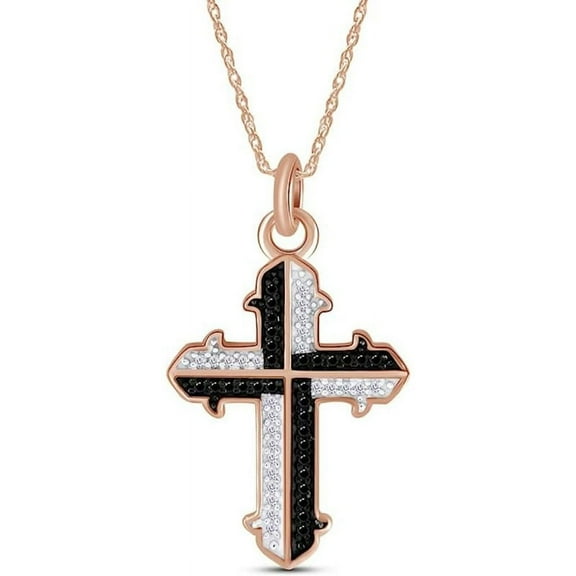 14K Rose Gold Finish Round Cut Black & White Diamond 925 Sterling Silver Celtic Cross Pendant Necklace for Women