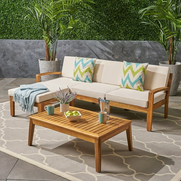 Xcnengy L-Shaped 3-Piece Acacia Wood Patio Sectional Sofa Set with Ottoman and Coffee Table, Water-Resistant Cushions, Transitional Outdoor Furniture for Garden, Backyard, Beige