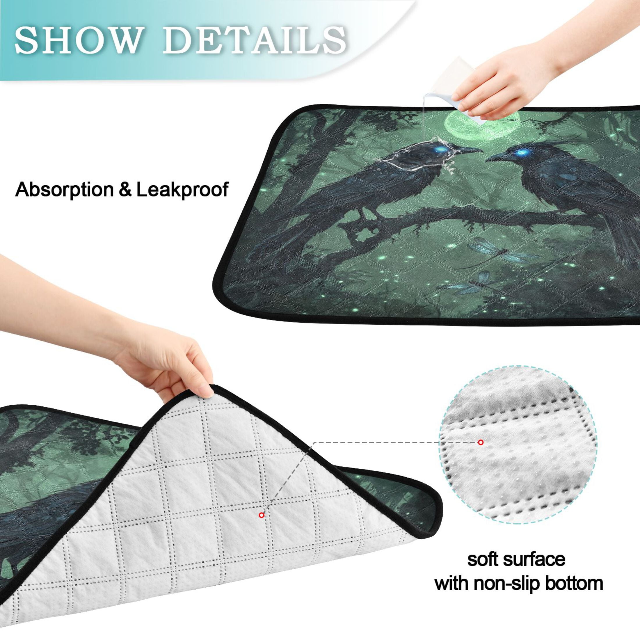 Qxltty The Midnight Crow Cat litter Pads Pet Set of 2 Diaper Mats Center Anti-leakage Layer Absorbent Soft and Comfortable