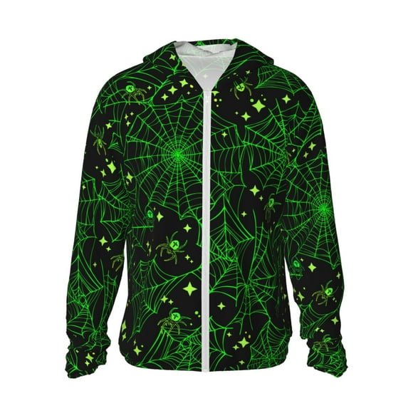 Saiise Green Bright Web with Spiders Pattern Sun Protection Hoodie for Men and Women, Lightweight Quick-Dry Windproof with Hood and Zip-Large