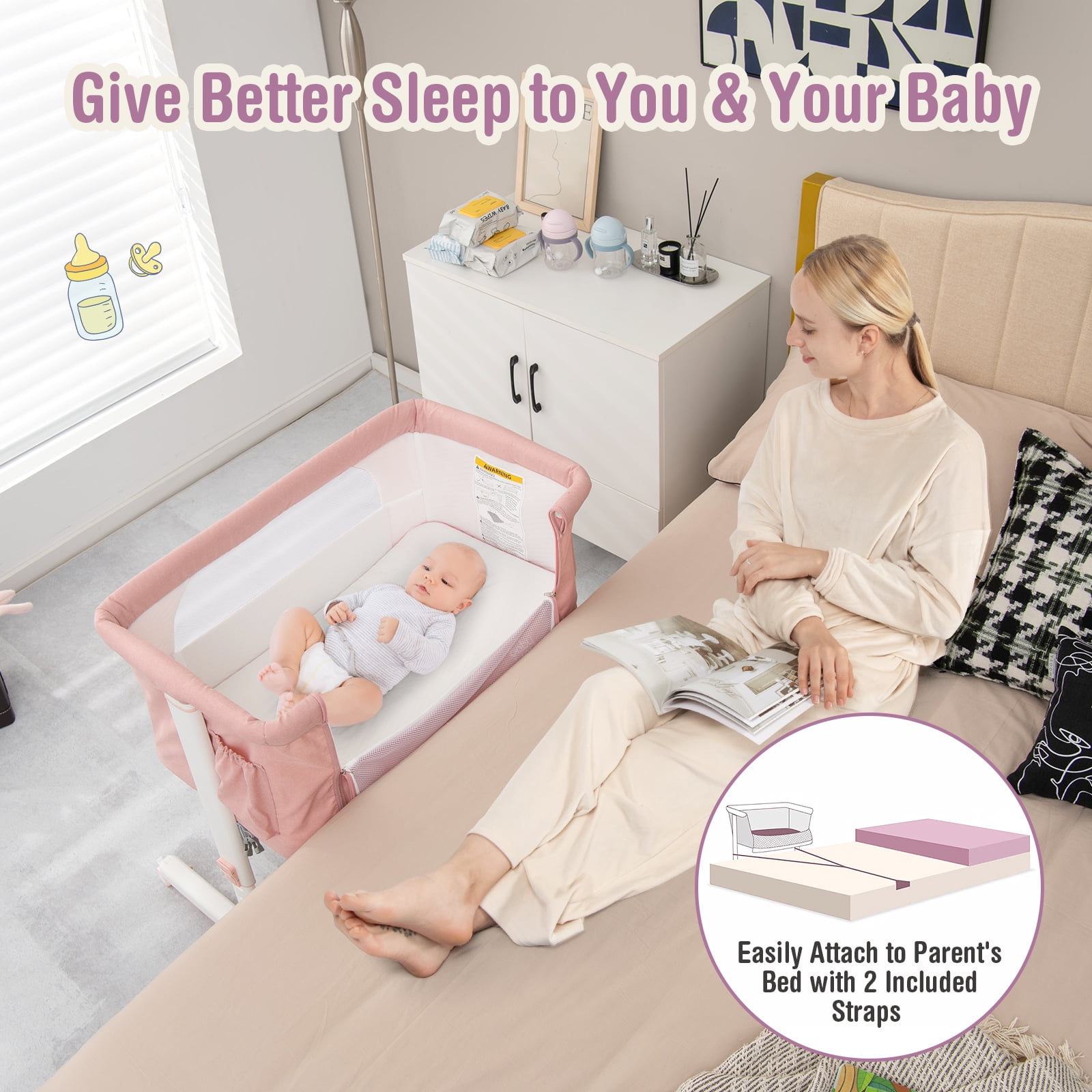 Infans 3-in-1 Baby Bassinet Beside Crib with 5-Level Adjustable Heights Pink