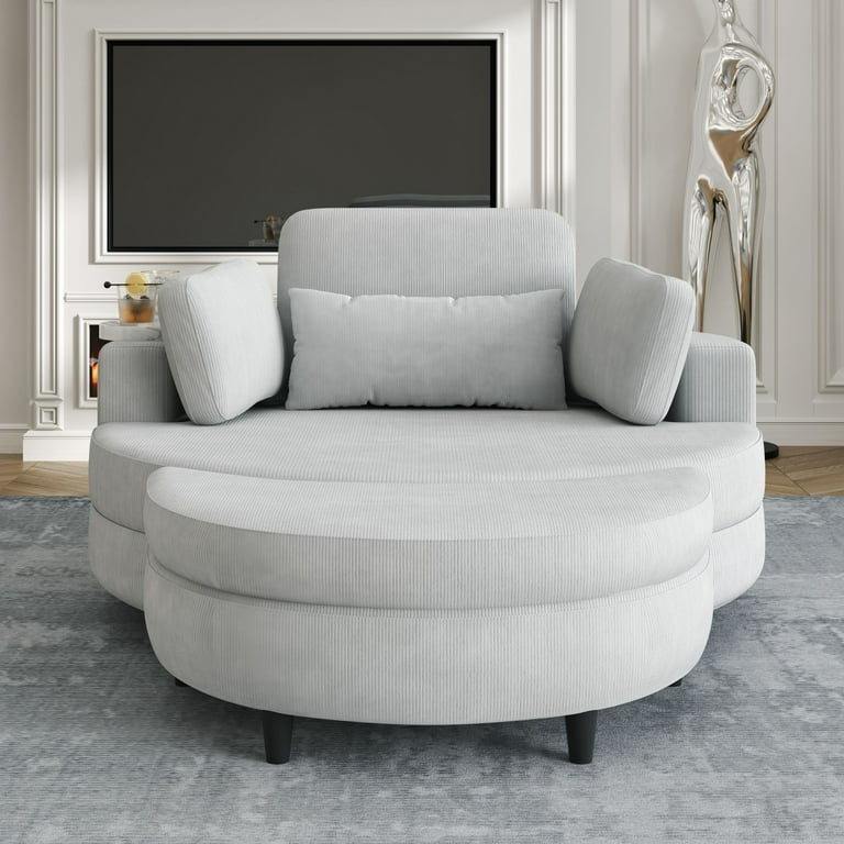 51 Inch Oversized Single Sofa with Storage Ottoman and Extra Tray Comfy Corduroy Upholstered Round Lounge Armchair with 2 Throw Pillows and Waist