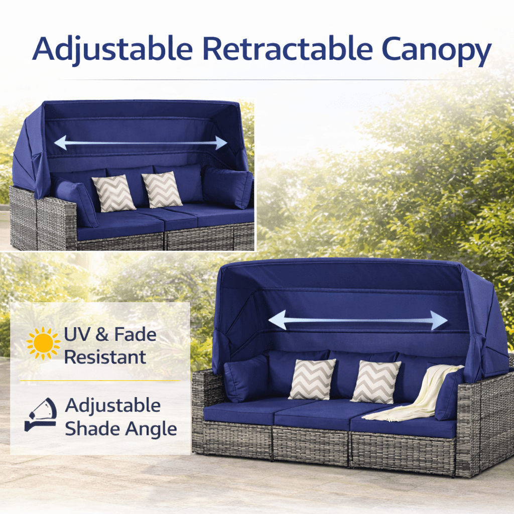 Outdoor Daybed with Canopy, 5pcs Patio Sectional Furniture Set with Table Thick Cushions Pillows, Retractable Canopy Conversation Sofa Set with Side Table, Dark Blue