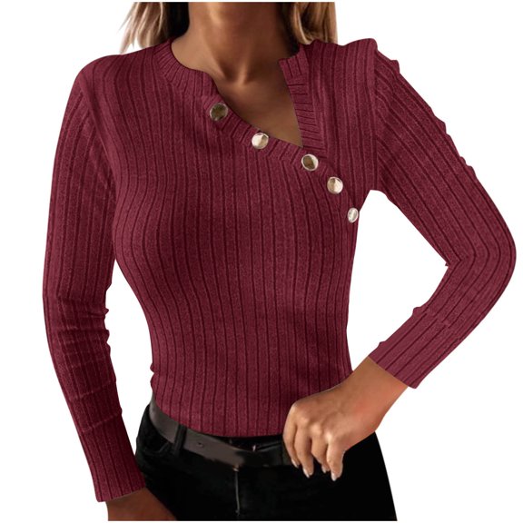 GigrtiJin Womens Long Sleeve V-Neck Tops Ribbed Knitted Solid Color Casual Blouses Comfy Loose Fashion Shirts